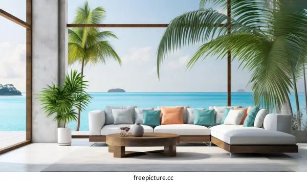 Modern coastal living room interior with large windows and ocean view