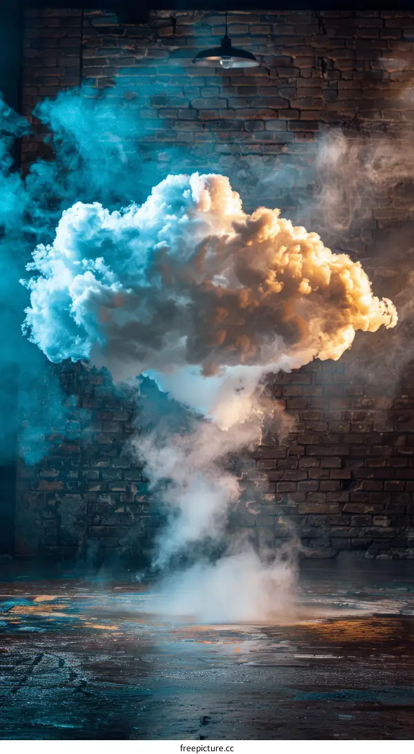 Blue and yellow smoke cloud in front of a brick wall