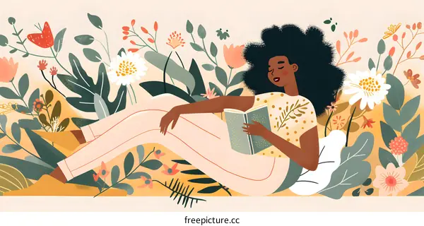 Woman Reading in a Garden of Flowers Illustration