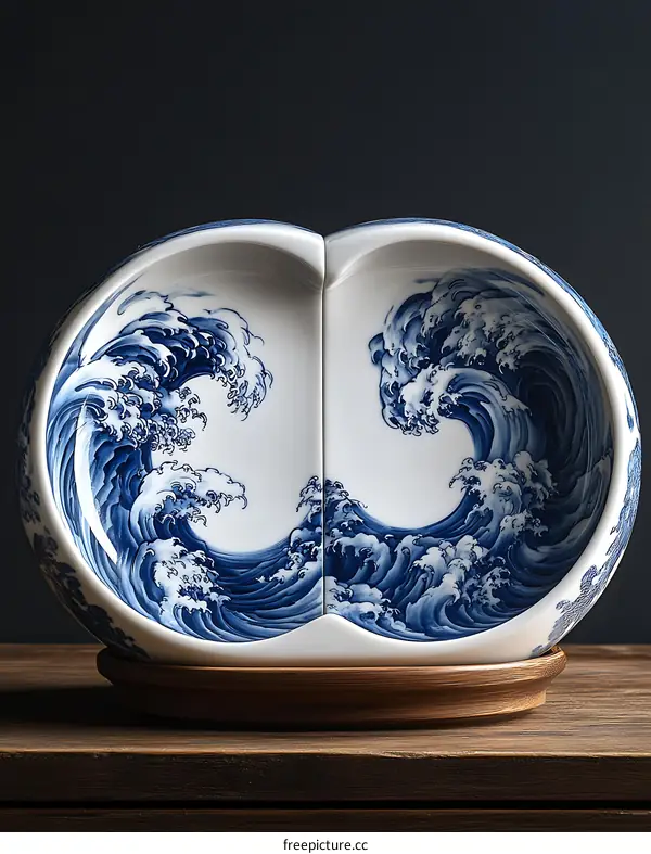 Blue and White Porcelain Bowl with Wave Design
