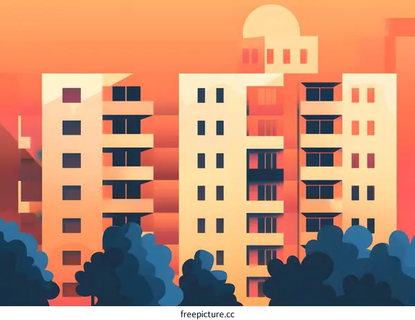 Modern City Buildings Illustration With Sunset