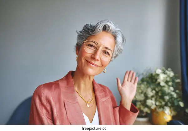 Smiling Woman Waving in a Meeting