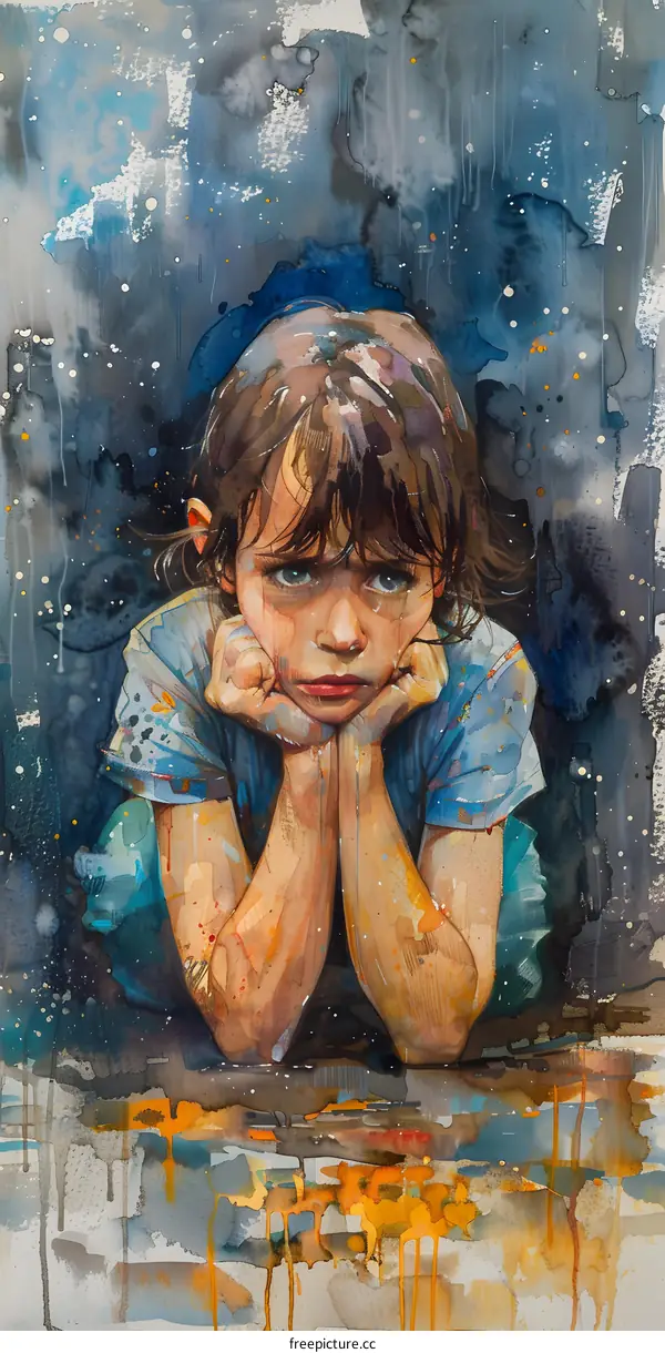 Little Girl with a Sad Expression Watercolor Painting