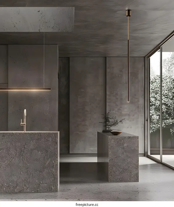 Modern Kitchen Interior Design with Grey Concrete Walls and Minimalist Pendant Lights