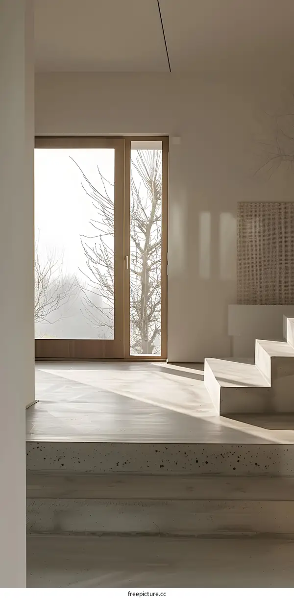Modern Interior Design with Concrete Stairs and Large Window