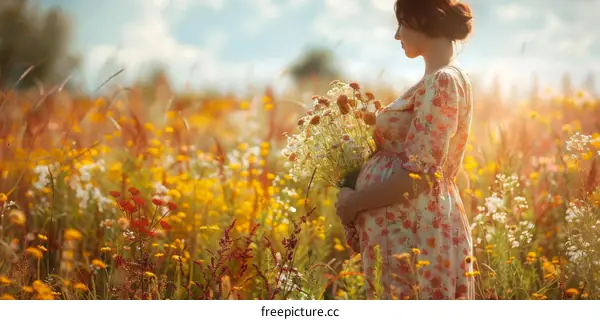 An expectant mother stands in a field of flowers