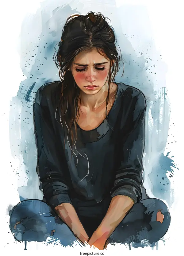 A girl with brown hair and blue eyes is sitting on the ground with her knees drawn up to her chest and her head resting on her knees.