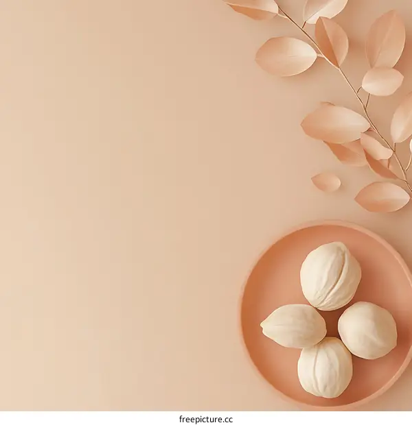 Minimalist Still Life with Nuts and Leaves on a Beige Background