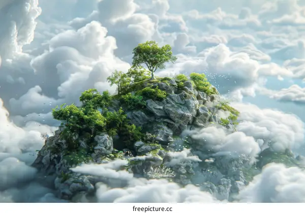 Green mountain floating in the sky