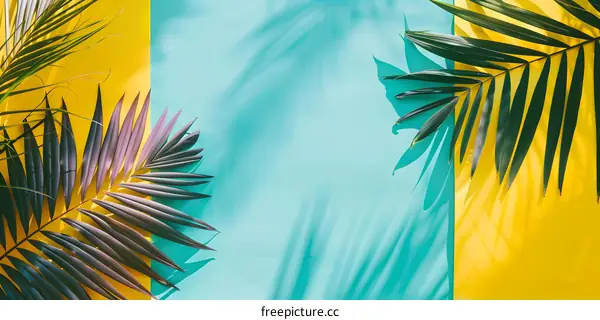 Tropical Palm Leaves on Yellow and Teal Background