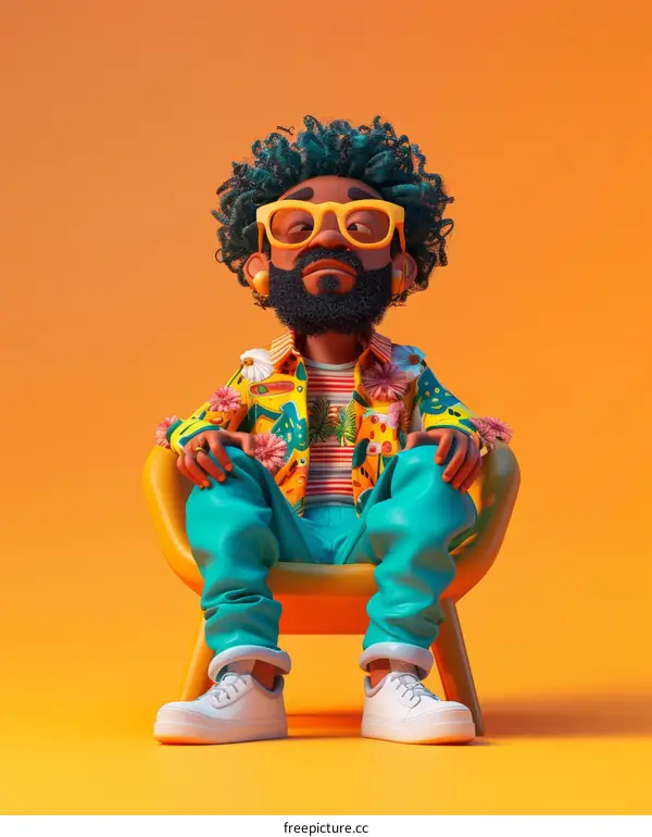 A 3D rendering of a black man with green hair sitting on a chair