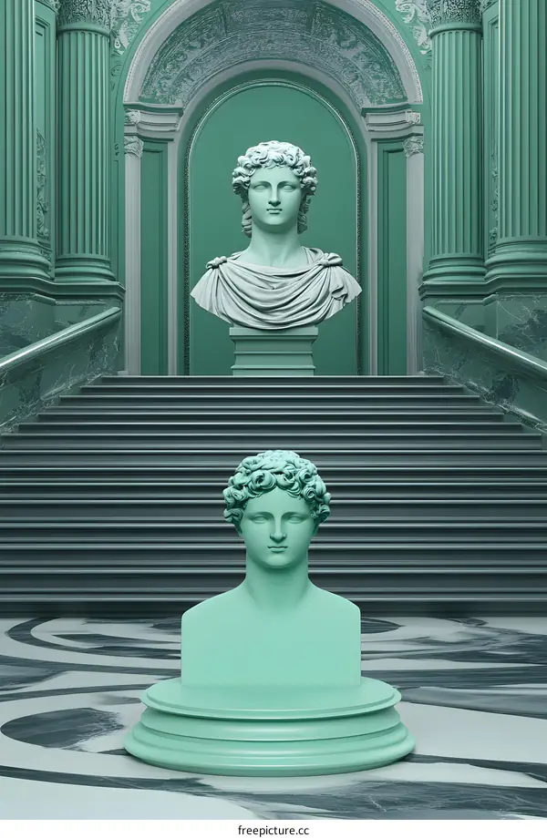 Green Marble Staircase with Two Statues