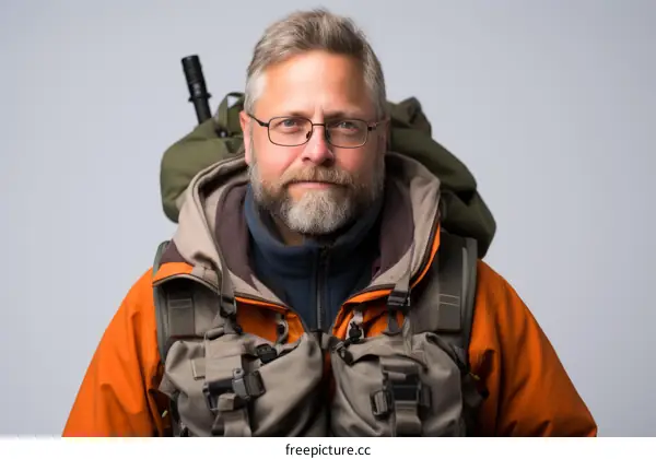 portrait of a man in an orange jacket and a backpack