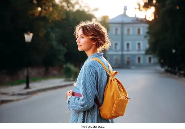 Young Woman Walking Down City Street With Books and Backpack