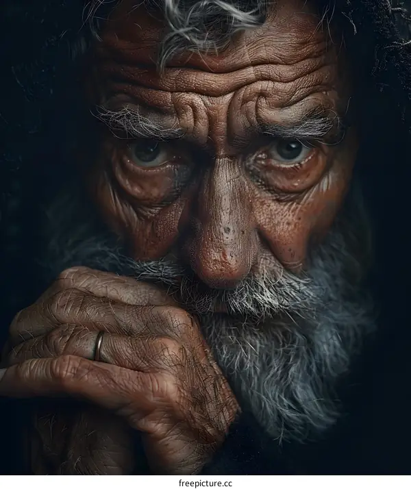 Portrait of an old man with a long white beard and dark eyes