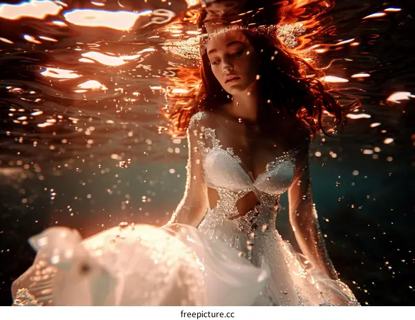A woman with long wavy brown hair in a white dress is underwater with her eyes closed.