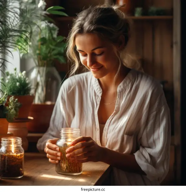 Young woman holding a candle in a cozy home