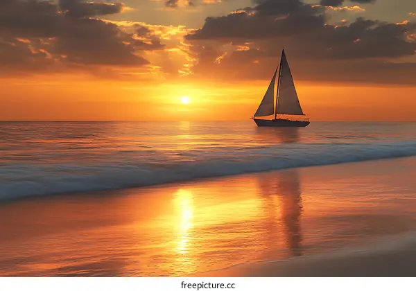 Golden Sunset Sailboat at Sea