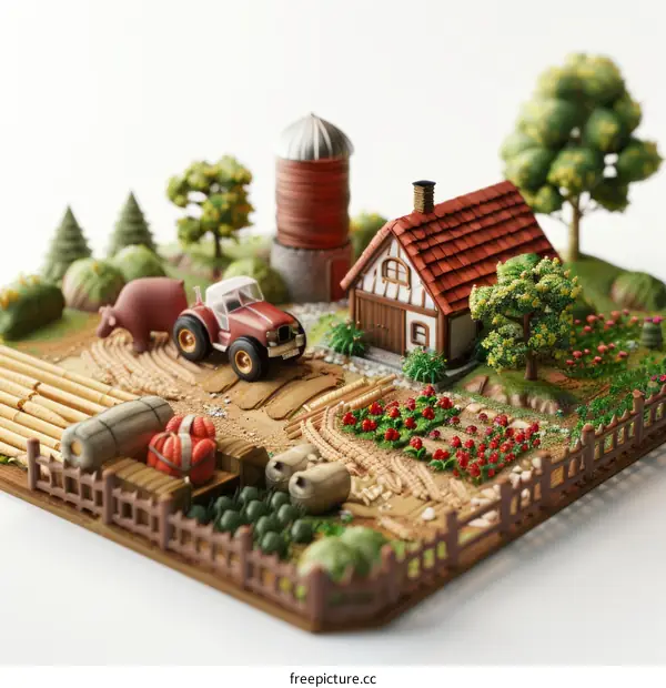 Miniature Farm Model with Red Barn and Tractor