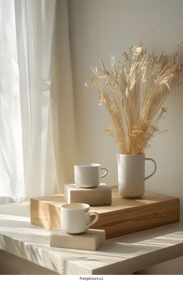 Minimalist Home Decor with Dried Flowers and White Cups