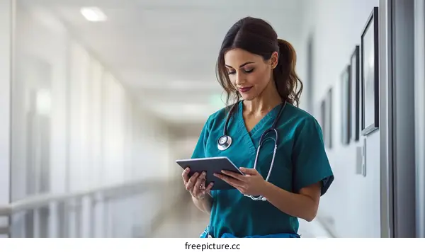 Female Caucasian Nurse Working in Hospital Corridor