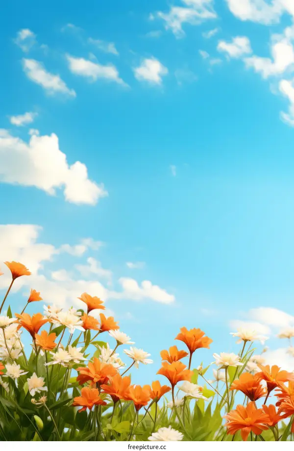 Orange and white daisies against a blue sky background