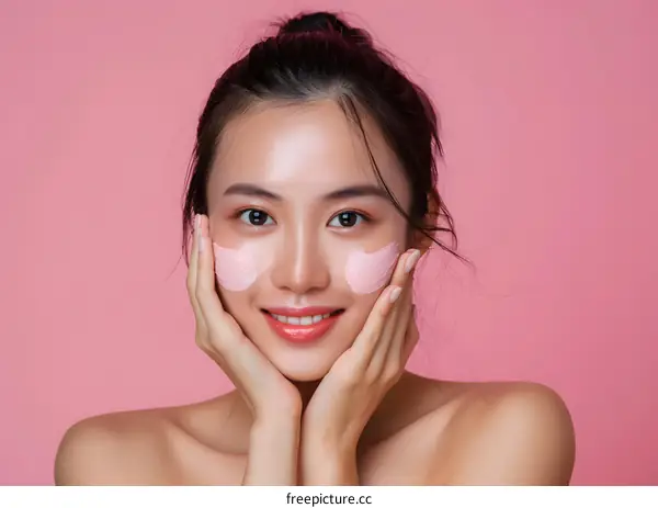 Young Asian Woman Applying Pink Face Mask