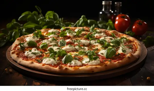 A delicious pizza sits on a table ready to be eaten