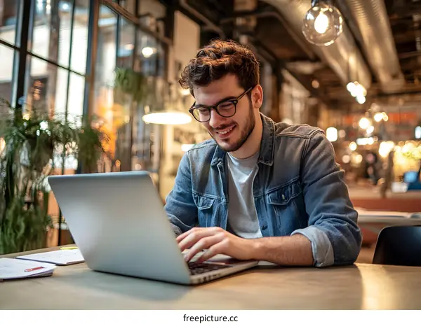 Young Man Working on Laptop in Cafe