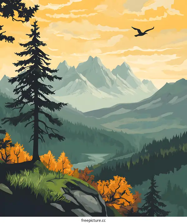 Mountain Landscape with Pine Tree and River