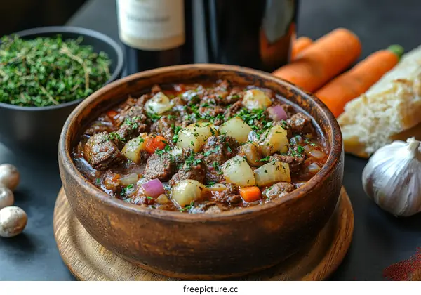 Beef Stew in Wooden Bowl with Bread and Vegetables