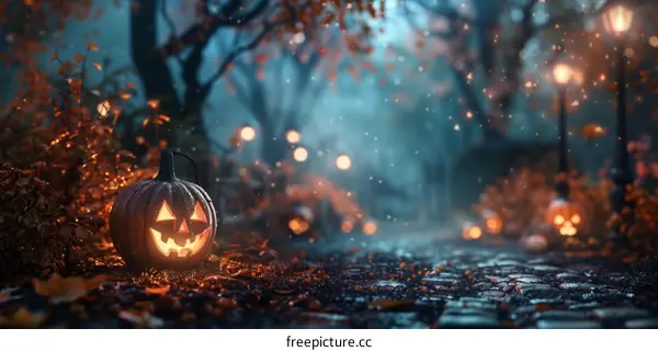 Spooky Halloween Pumpkin in a Dark Forest