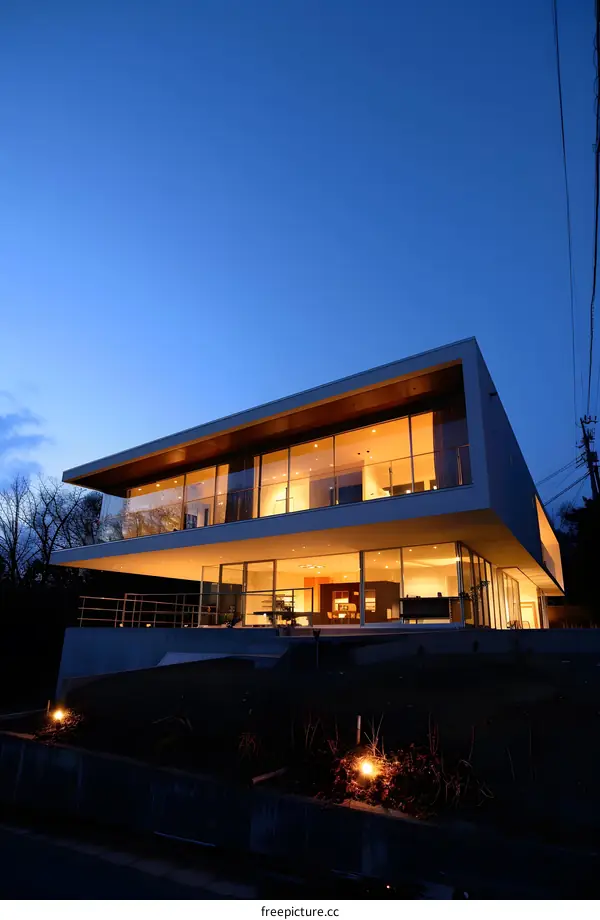 Modern House with Large Windows at Night