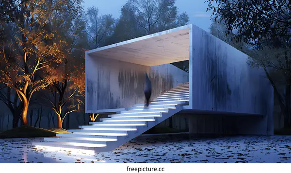 Minimalist Concrete Staircase in a Forest Setting
