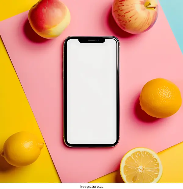 Flat Lay with Smartphone and Fruit on Pink Yellow and Blue Background