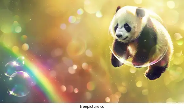 Cute Panda Floating with Rainbow