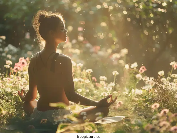 Young woman practicing yoga in a beautiful flower garden