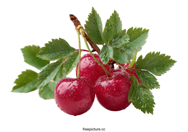[Transparent Background PNG]Fresh Cherries with Leaves Close-up