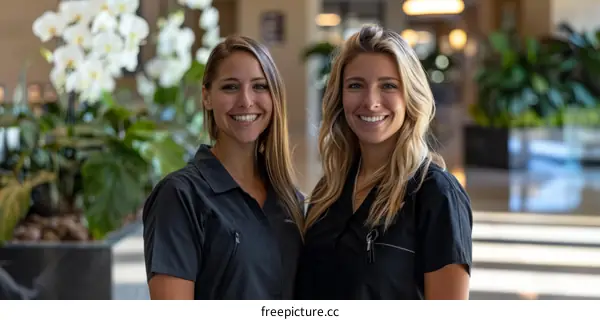 Two young female dentists in a modern dental office