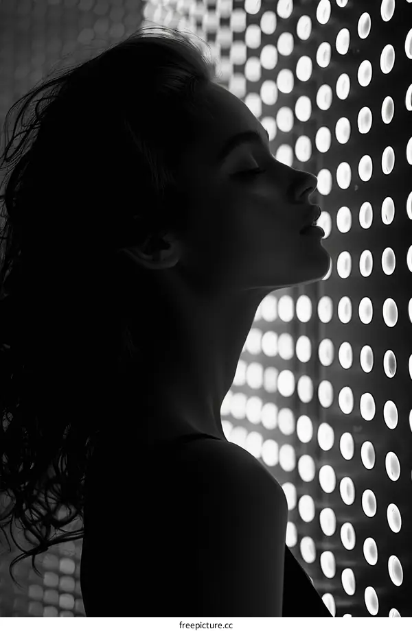 Black and white portrait of a woman in profile with her eyes closed