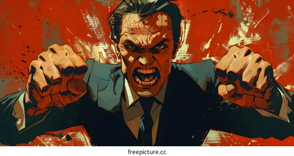 Angry Man with Clenched Fists and Red Background