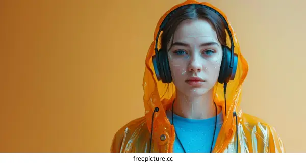 Portrait of a young woman wearing a raincoat and headphones