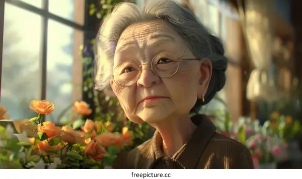 Portrait of an Elderly Asian Woman with Glasses on