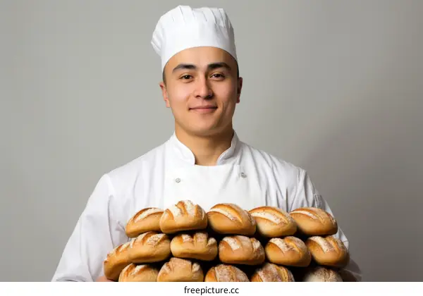 Baker proudly holding a large stack of bread