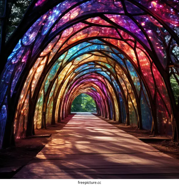 Rainbow tunnel in a forest