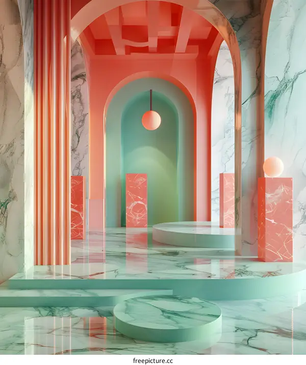 柔和的几何图形和色彩的室内空间