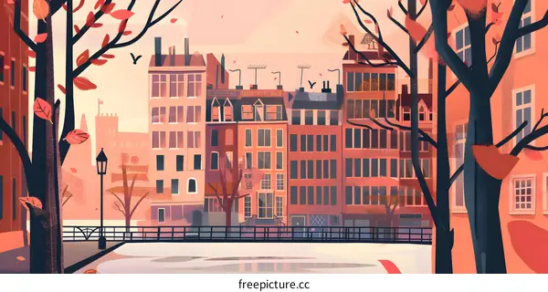 Autumn Illustration Of European Cityscape With Canal