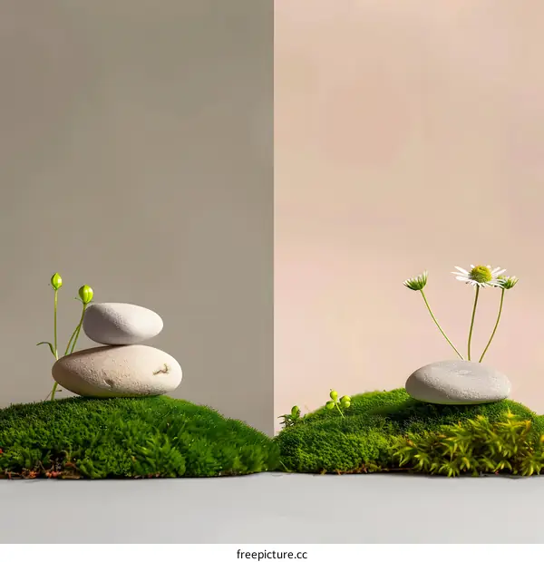 Minimalist Still Life With Stones, Moss, and Flowers