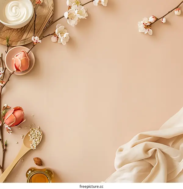 Spring Floral Flatlay with Pink and White Blossoms on a Neutral Background