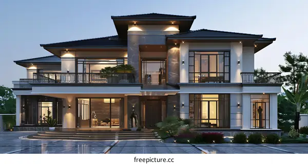 The exterior of a luxury villa with a beautiful yard and garden